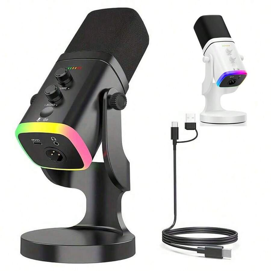 XLR/USB 動圈麥克風,適合直播與遊戲,附 RGB 燈效、靜音按鈕、耳機插孔、桌面支架,理想的 PC 麥克風,適用於播客、唱歌、錄音 - 查看 1