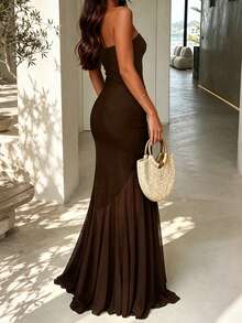 Women's Coffee Color Strapless Fitted Dress, Sleeveless Waist-Cinching Slimming Mesh Patchwork Elegant Evening Party Dress For Spring, Summer And Autumn - Coffee - View 3