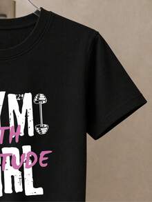 Camiseta Deportiva Casual Básica Mexicana para Mujer con Estampado de Letras de Chicas Gimnastas, Manga Corta, Cuello Redondo, para Levantamiento de Pesas y Entrenamiento Diario, Imagesoft, - Negro - Ver 3