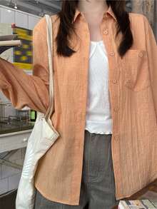 Women's Loose Crinkled Soft Thin Long Sleeve Shacket With Sleeve Tab Design And Small Plaid Pattern, Summer - Orange - View 3