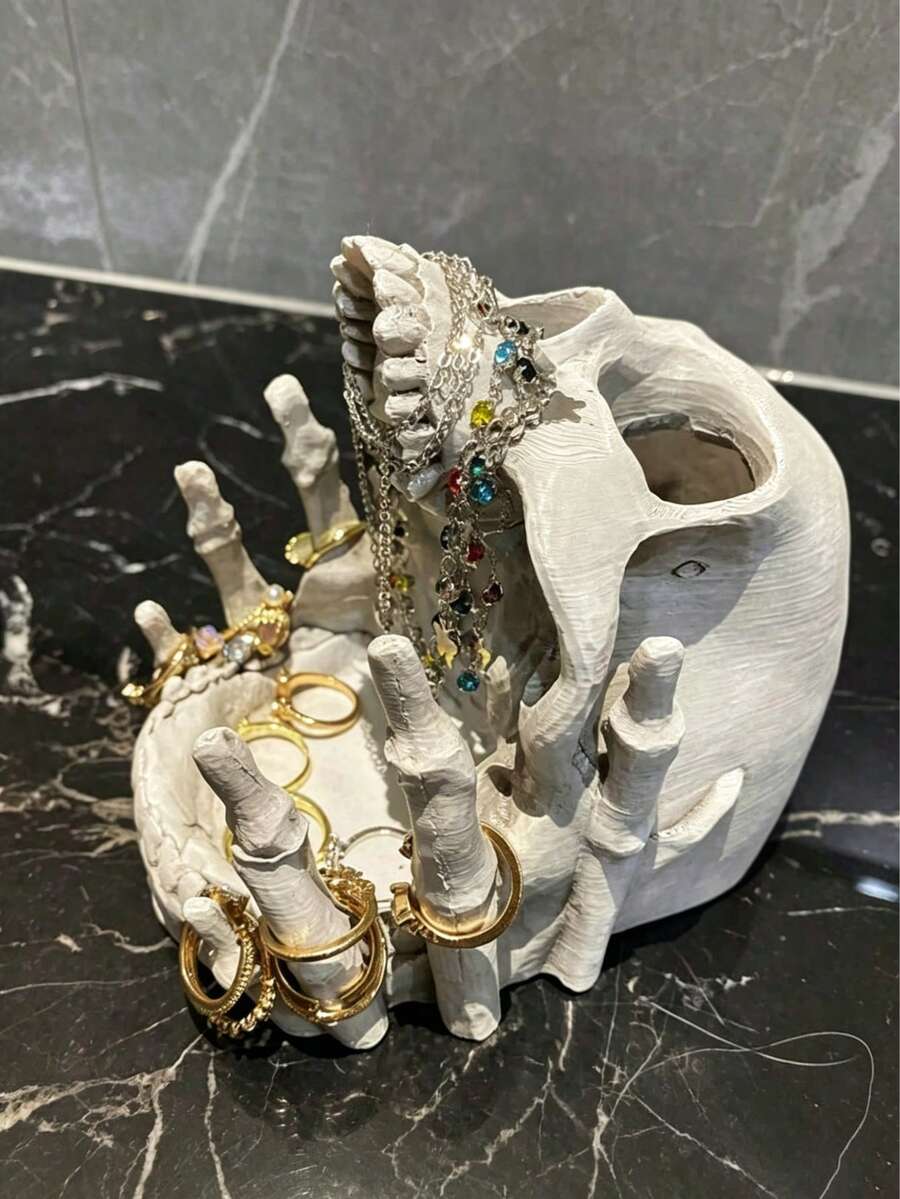 哥德風骷髏首飾展示架－多功能樹脂收納盒，可收納戒指、耳環與項鍊－適合喜好暗黑風格居家裝飾的人士，女士首飾塔－旅行收納整理盒－返校收納空間－宿舍收納空間