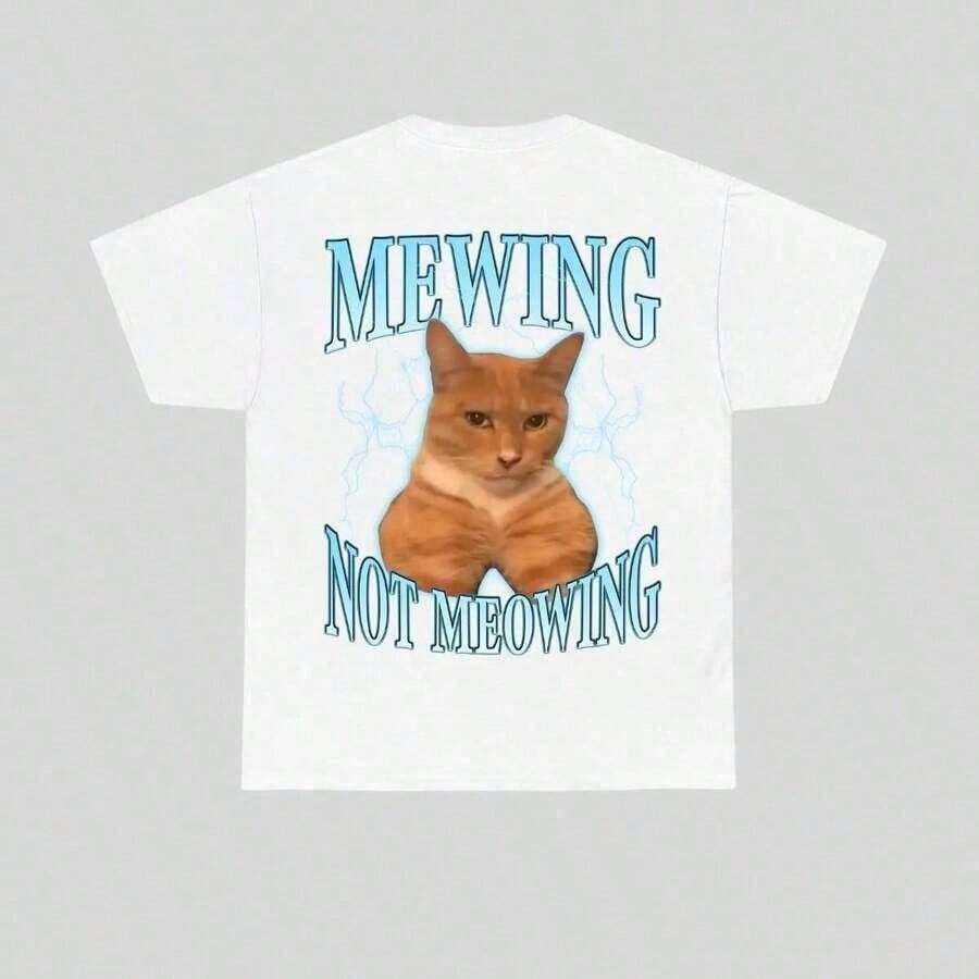 New Funny Cat Meme T-Shirt For Summer 2026 - LooksMax Meow Cat Graphic T-Shirt, Unisex Cotton Clothing For Men And Women, Retro Streetwear For Everyda - 白色的 - 查看 1