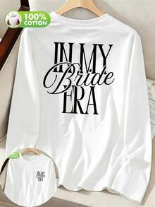 Kaos Wanita Kasual My Bride Era Wedding Print Crew Neck Lengan Panjang untuk Musim Semi/Gugur/Dingin - Putih - View 1