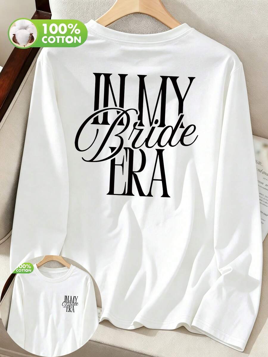 Kaos Wanita Kasual My Bride Era Wedding Print Crew Neck Lengan Panjang untuk Musim Semi/Gugur/Dingin - Putih - View 1