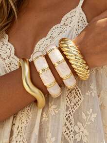 3pcs/Multi-Piece Stackable Fashion Minimalist Elegant Exquisite Vintage Design Geometric Ribbon Texture Oil Drop Texture Asymmetrical Pattern CCB Polished Minimalist Plain Metal Style Wide Exaggerated Chunky Bangle Set, Holiday Vacation Party Date Gift, Daily Commute Wear, Personalized - Yellow Gold - View 2