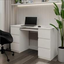 1 Piece Minimalist Double Chest Drawer Writing Desk, 130cm Wide Matte White Tabletop With Pull-Out Keyboard Tray, 3 Drawers On Both Sides Large Storage Space, For Bedroom Study Office, Computer Table, Makeup Vanity, Student Workbench - meja - View 8