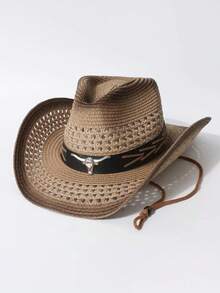Unisex Gradient Hollow Western Cowboy Straw Hat, Bull Head Decor Wide Brim UV Sun Hat, Adjustable Wind Lanyard Beach Outdoor Sunscreen Hat - Permed and Dyed Cowhide Hat - View 5