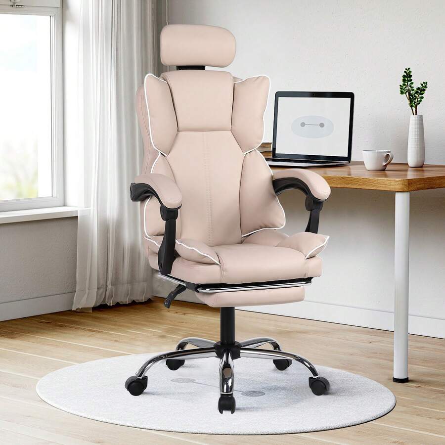 High Back Ergonomic Office Chair With Footrest, Adjustable Reclining PU Leather Computer Desk Chair With Headrest & Lumbar Support For Home Gaming Work - Beige - View 1