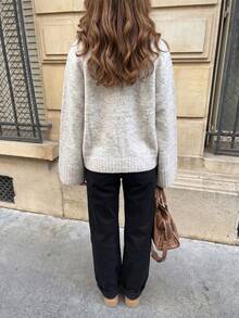 Fashionable Minimalist Comfortable Women's V-Neck Knit Loose Cardigan, Long Sleeve, Regular Length, With Fuzzy Details. Contains Wool Fall - Light Grey - View 6