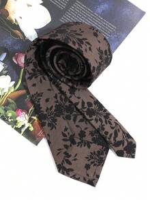 1pc Dark Brown Base Black Plant Silhouette Tie, Vintage Dark Pattern Floral Suitable For Niche Men's Shirt Matching - Dark Brown - View 2