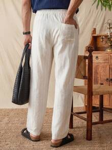 glestore Men's Vintage Style Casual Striped Linen Texture Long Pants, Suitable For Commuting, Leisure And Vacation, All Seasons - White - View 3