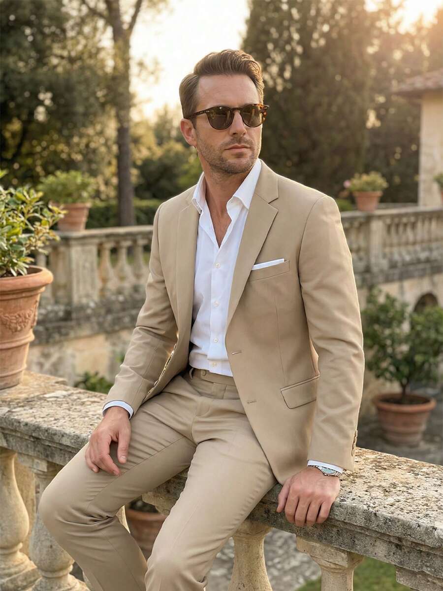 2 Stück Herren Anzug Set, bestehend aus Blazer Jacke und Hose, geeignet für Geschäft, Hochzeit, Party, Bankett und andere formelle Anlässe, elegantes einfarbiges Slim Fit Anzug Set mit Langarm, Größe XS-XXXL - Champagnerfarben - Übersicht 1