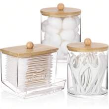 Tbestmax 10 Oz Cotton Swab/Ball/Pad Holder With Vanity Tray, Qtip Apothecary Jar, Bathroom Containers Dispenser Storage 3 Pack Wood Lids - 3pcs(竹蓋棉籤罐) - 查看 7