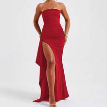 Vestido formal de mujer con escote fuera del hombro, sin tirantes, elegante y sexy, con una abertura alta y falda larga para el verano. - Azul - Ver 8