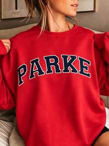 2026New Arrival Bestseller Women's Casual "PARKE" Letter Print Loose Pullover Sweatshirt, Encountering Lazy Fashion, Women's Graphic Tops Clothes. - 紅色2 - 查看 10