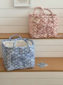 1Pc Bow Knot Quilted Storage Basket, Foldable Large Capacity Bag With Handle, Multifunctional Organizer For Cosmetics, Toys, Laundry & Home Decor - Multicolor - View 2