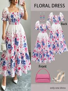 女款夏季度假花卉亮色印花腰部拼接優雅洋裝 - 彩色 - 查看 2