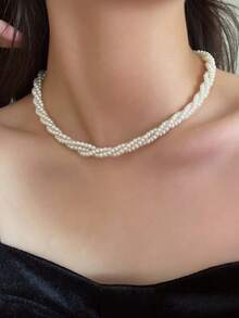 1 Pc Pearl Twist Necklace, Casual Collarcbone Chain Jewelry Accessory Gift For Women, Suitable For Party, Evening Gown, Holiday - White - View 8