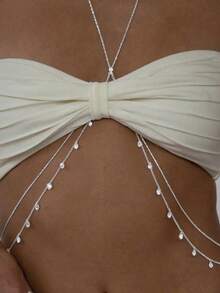 1pc Tassel Crystal Versatile Fashion Women's Body Chain, Shiny Sexy Top Accessory For Banquet And Party - Silver - View 2