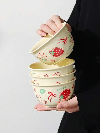 1pc/2pcs/4pcs Highly Attractive Ins Style Ceramic Bowl, Niche Creative Strawberry Bow Bowl, Girly Dessert Bowl, Home Breakfast Cereal Bird's Nest Bowl, Exquisite Afternoon Tea Dessert Bowl, Western Restaurant Steak Pasta Bowl, Cream Style Snack Cake Bowl, Sweet Soup Salad Bowl, Rice Bowl