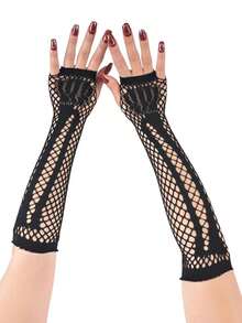 Halloween Spider Web Lace Long Fingerless Gloves Black Mesh Elastic Arm Warmers Party Cosplay Decoration - Black - View 6