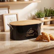 Myrothcane Oval Metal Bread Box With Bamboo Lid And Side Handles, Large Capacity Kitchen Countertop Bread Storage Bin, Farmhouse Style Bread Freshness Container, White And Black Optional Food Storage Canister - Black and White - View 4