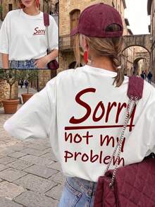 Es Trus Plus 女款夏季寬鬆復古「Sorry Not My Problem」字母圖案印花街頭嘻哈T恤，韓系復古做舊休閒風 - 白色 - 查看 1
