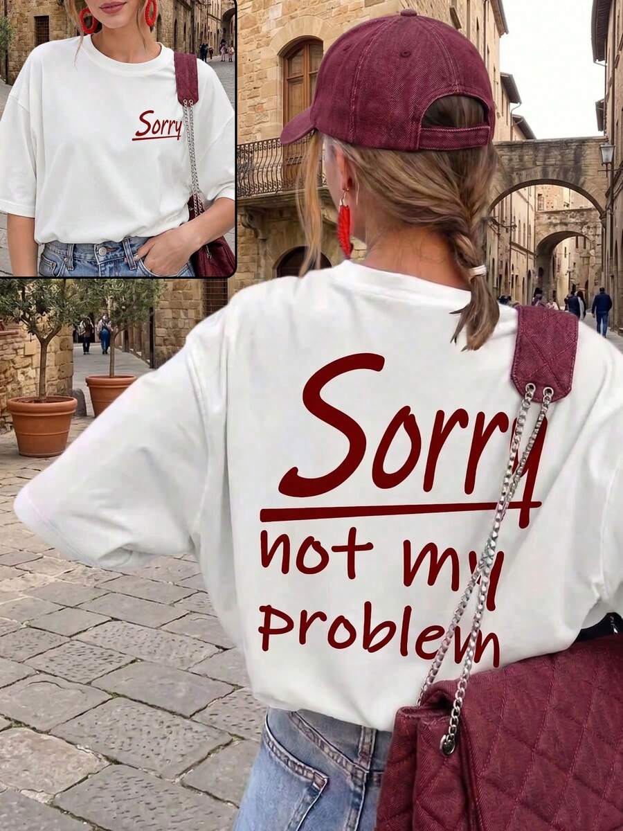 Es Trus Plus 女款夏季寬鬆復古「Sorry Not My Problem」字母圖案印花街頭嘻哈T恤,韓系復古做舊休閒風 - 白色 - 查看 1