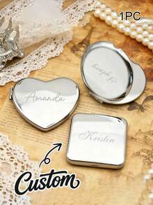 1pc Personalized Engraved Heart-Shaped Vanity Mirror, Customized Silver Pocket Makeup Mirror With Name, Perfect Bridesmaid, Wedding, Birthday And Anniversary Gift, Christmas Beauty Accessory - Multicolor - View 3