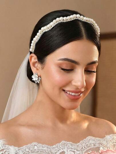 1pc Elegant Exquisite Pearl & Rhinestone Headband, Wedding Bridal Hair Accessory, Versatile For Daily Wear, Party, Gathering, Vacation, Holiday, Women's Headpiece