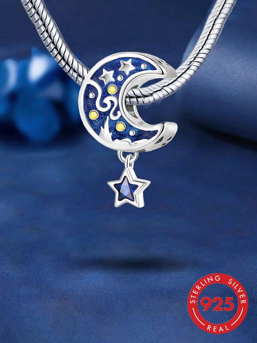 1件925纯银梵高星夜风格串珠吊坠,适合女士手链/手镯DIY饰品制作,日常装饰配件 - 月亮 - 查看 1