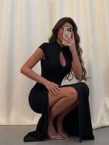 性感高開衩純色長洋裝 女款鏤空設計 午夜雞尾酒會優雅風 - 黑色 - 查看 2