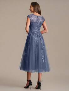 EVERPRETTY Elegant Dusty Blue Evening Midi Dress With Leaf Sequin Embroidered Sheer Neckline And Tulle Skirt For Wedding Guest Semi Formal Dress - Dusty Blue - View 5