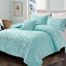 3/4 Piece Aqua Silver Geometric Wavy Striped Metallic Foil Print  Bed Comforter Set, All Season Soft Microfiber Fits Modern Bedroom Decor For Teen Girls Boys, 3 Pieces For Twin/TwinXL Size, 4 Pieces For Full/Queen/King Size. Halloween Christmas Decor - 水藍色 - 查看 6