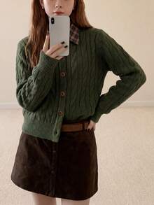 Women's Casual Retro Cable Knit Collared Cardigan Sweater Jacket, Autumn/Winter Fall - Green - View 3