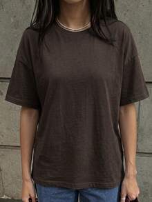 Vaiaye Women's Loose Round Neck Casual T-Shirt, Solid Color Minimalist Slim Fit Short Sleeve T-Shirt Brown - Brown - View 10