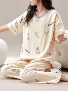 2件組女款居家服套裝，可愛熊印花韓式浪漫極簡休閒短袖長褲套裝，適合春夏穿著 - 香檳色 - 查看 9