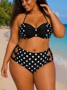 Women's Plus Size Black Bikini Set With Decorative Trim – Stylish Two Pieces Swimwear For Beach & Pool - Black - View 3