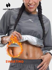 HOTSUIT 女款桑拿出汗外套、桑拿上衣、健身運動上衣、健身服飾、桑拿上衣，適合健身與訓練，僅上衣 - 深灰色 - 查看 2