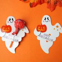50 piezas Tarjetas de papel decorativas con patrón de fantasma y calabaza de Halloween para decoración de piruletas, tarjetas decorativas DIY, tarjetas insertables - Multicolor - Ver 6