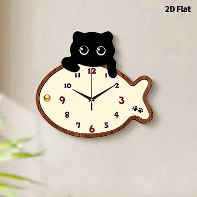 2D Flat 1pc 12-16inch Kids Cat Fish Shaped Wall Clock, Super Quiet Quartz Movement, Suitable For Living Room, Bedroom, Classroom, Kitchen, Office, Restaurant, House, Dormitory, Hotel Wall Decoration, Perfect Housewarming Gift For Friends And Family