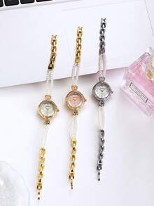 1 pièce Bracelet montre vintage or et perles pour femmes, convient pour un port quotidien - Doré - Voir 7