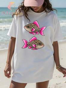 Women's Loose Fit"Leopard Zebra Pattern Fish"Printing T Shirt,Bohemian Lakeside Fishing Summer Aesthetics,Autumn Outfits,Suitable For Concerts,Vacatio - 白色 6 - 查看 3