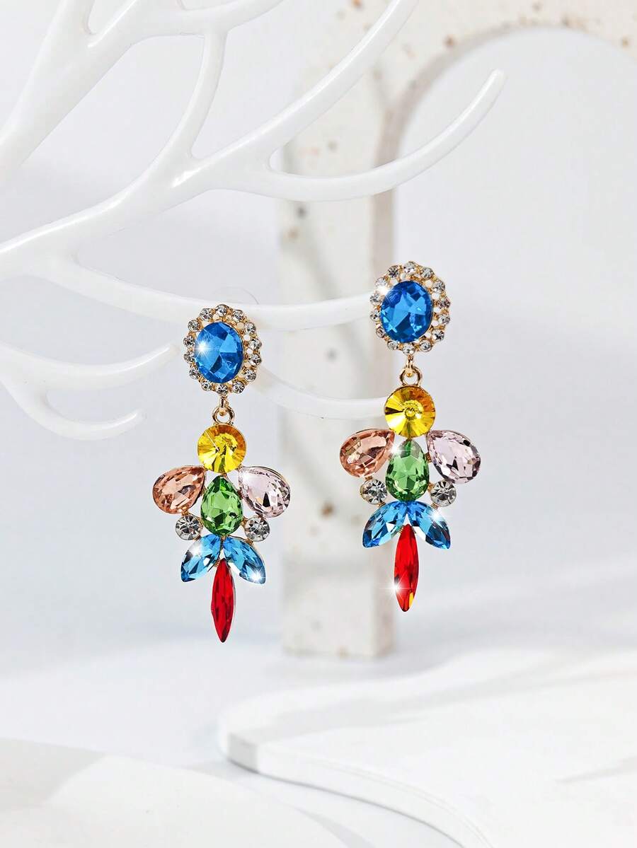 1 par de pendientes de mujer con forma de lágrima, florales de colores y diamantes, adecuados para salir (la tarjeta es solo de referencia, la tarjeta es aleatoria) - color - Ver 1