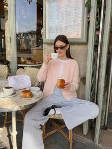 Light Pink Round Neck Mohair Knit Cardigan, Soft Slouchy Textured Single-Breasted, Casual Versatile For Daily Wear, Outings And Commuting, Autumn/Winter - Light Pink - View 5