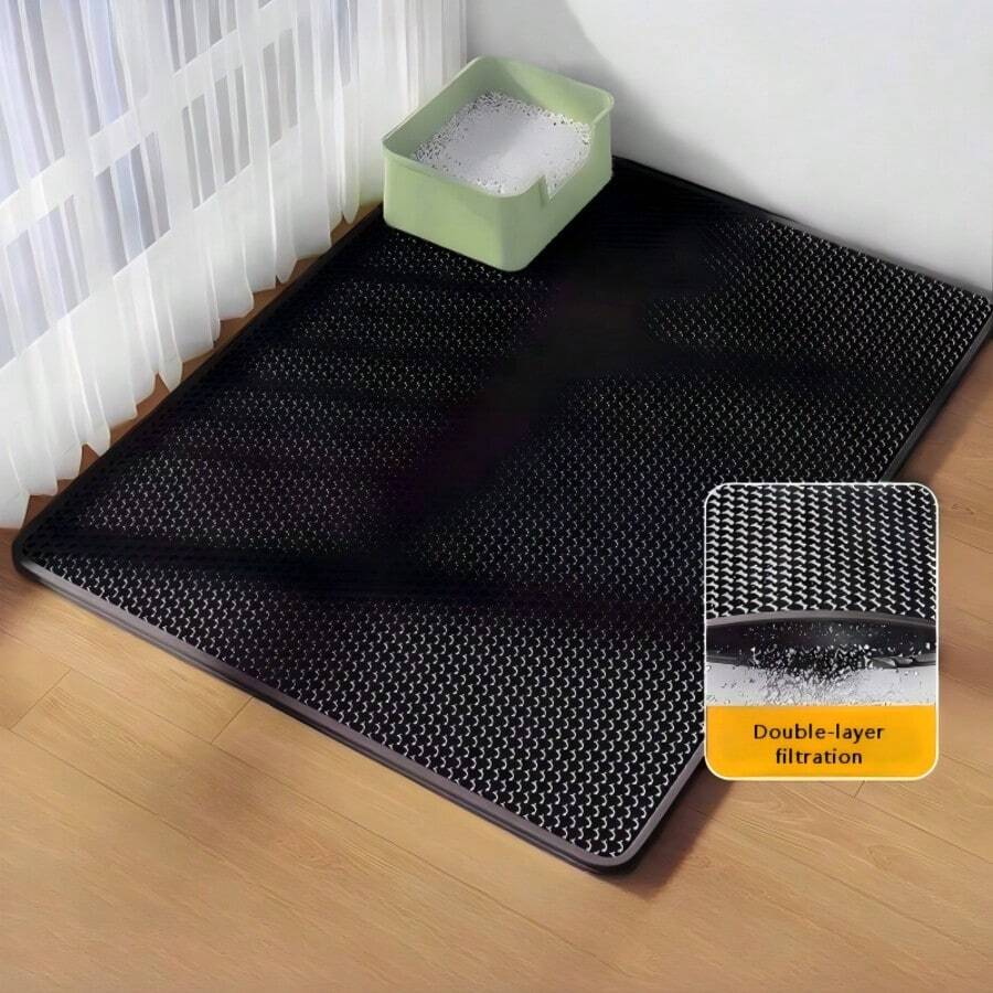 Tappetino anti-schizzi a doppio strato in EVA per lettiera per gatti, design a nido d'ape a doppio strato, tappetino di pulizia per animali domestici impermeabile e anti-urina, tappetino per la raccolta della lettiera per gatti, accessori per gatti, adesivo antiscivolo venduto separatamente, si prega di misurare accuratamente le dimensioni della lettiera per gatti prima, quindi fare riferimento alla tabella delle taglie per l'acquisto - nero - Visualizzare 1
