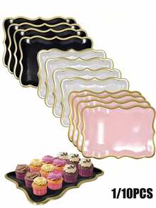 10pcs 9"X13" Gold Rimmed Elegant Rectangular Paper Plates, With Gold Rim Borders, Suitable For Dessert Displays, Parties, Birthday Gatherings, Weddings, Showers, Picnics, Daily Use, 1 Pack - Multicolor - View 2