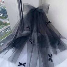 1pc Gothic Vampire Bride Black Tulle Short Veil, Decorated With Red Roses And Bows, Halloween Dark Hair Accessory, Suitable For Dark Style Wedding, Party And Photo Shoot - Black Bow - View 7
