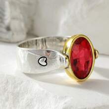 Bohemian Handmade Dual-Tone Ring, Large Oval Red Ring, Heart-Shaped Carved Wide Band Ring, Unique Fashion Accessory Anniversary Holiday Gift For Her - Silver - View 6