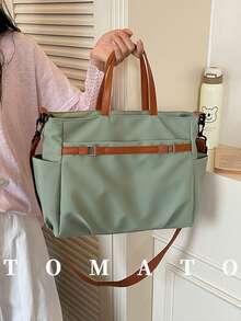休閒極簡風可調節肩帶大容量單肩托特包/斜挎包/日常包，適合女性、職場新人、白領、女孩、大學生與年輕女性，亦適合藝術青年或學生，可收納書籍與購物物品，適合旅行、工作、購物、大學課堂、通勤、上學等場合，開學必備 - 綠色 - 查看 2